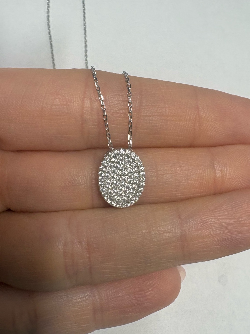 Suzy Levian Sample item Sterling Silver White CZ Pavé Oval Pendant Necklace NWT